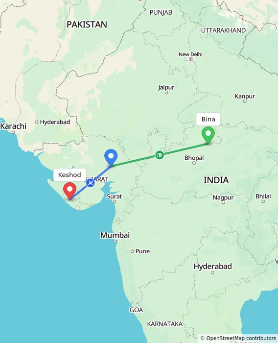 Route map showing distance and travel time from Bina, India to Keshod, India