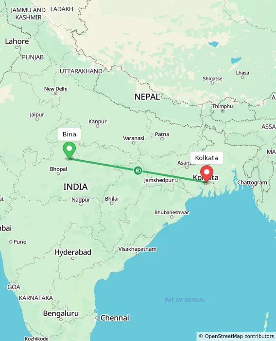 Route map showing distance and travel time from Bina, India to Kolkata, India