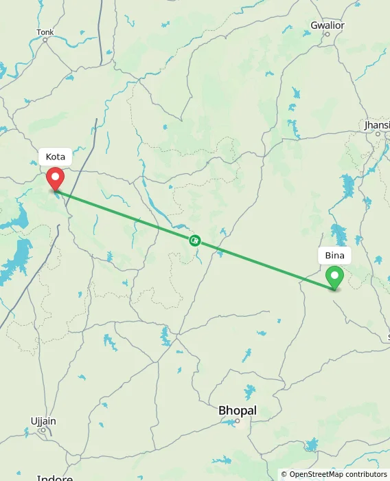 Route map showing distance and travel time from Bina, India to Kota, India