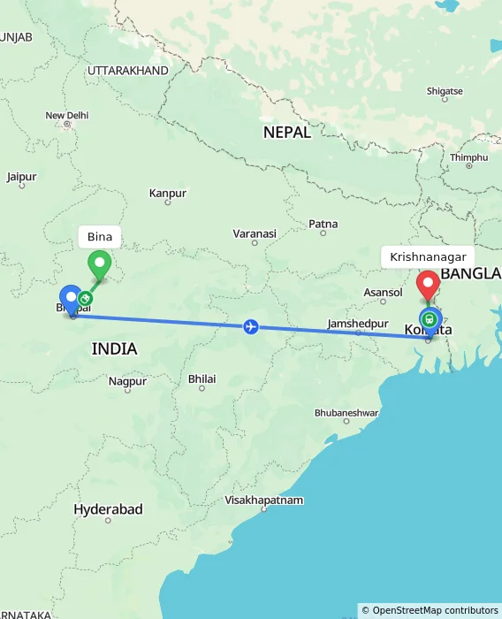 Route map showing distance and travel time from Bina, India to Krishnanagar, India