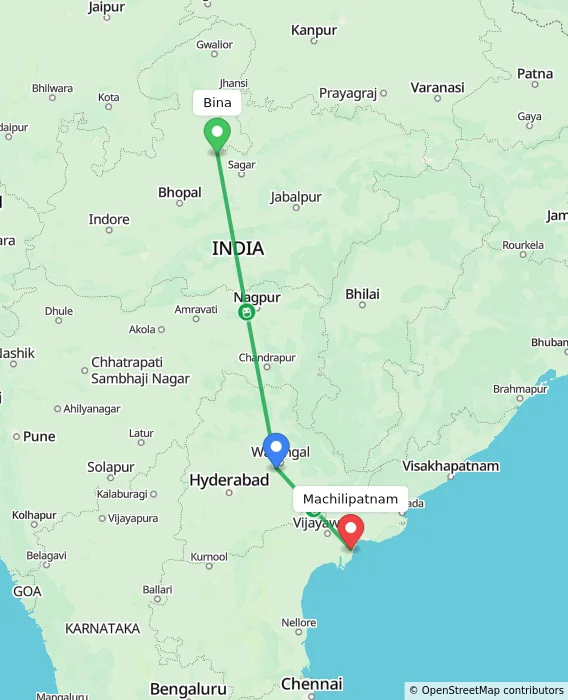 Route map showing distance and travel time from Bina, India to Machilipatnam, India