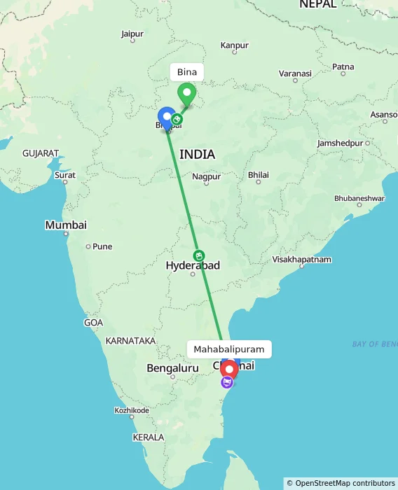Route map showing distance and travel time from Bina, India to Mahabalipuram, India
