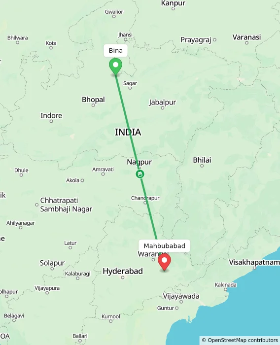 Route map showing distance and travel time from Bina, India to Mahbubabad, India