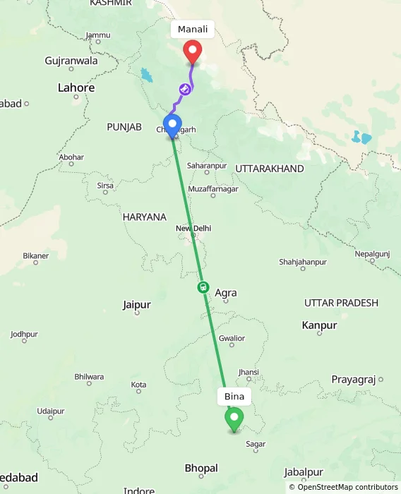 Route map showing distance and travel time from Bina, India to Manali, India