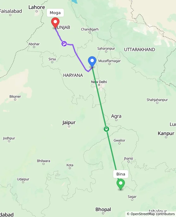 Route map showing distance and travel time from Bina, India to Moga, India