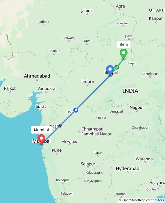 Route map showing distance and travel time from Bina, India to Mumbai, India
