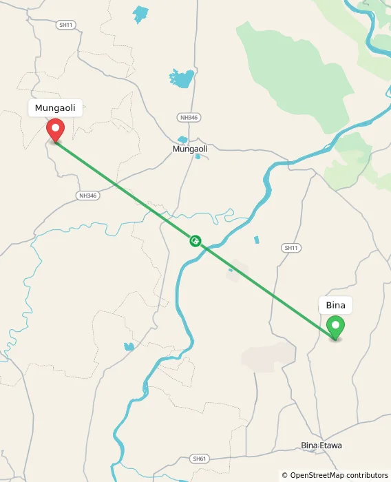 Route map showing distance and travel time from Bina, India to Mungaoli, India