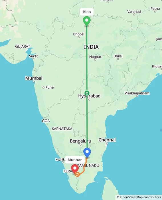 Route map showing distance and travel time from Bina, India to Munnar, India