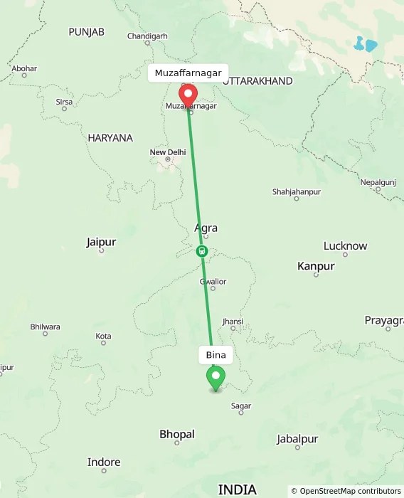 Route map showing distance and travel time from Bina, India to Muzaffarnagar, India
