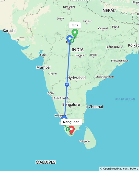 Route map showing distance and travel time from Bina, India to Nanguneri, India