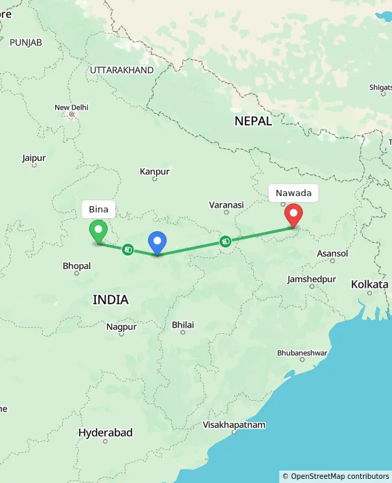 Route map showing distance and travel time from Bina, India to Nawada, India