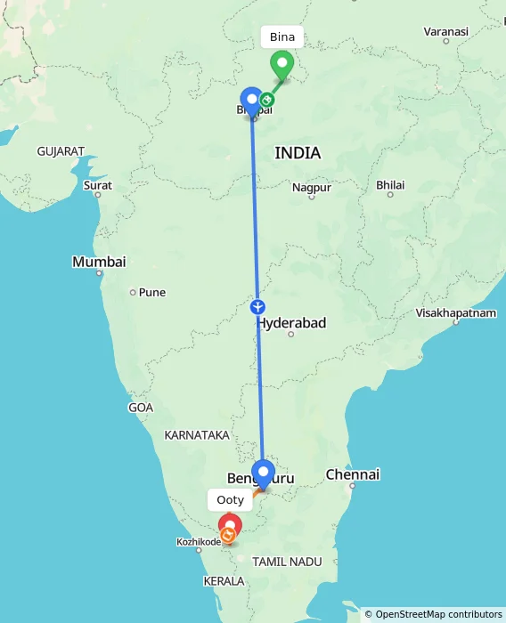 Route map showing distance and travel time from Bina, India to Ooty, India