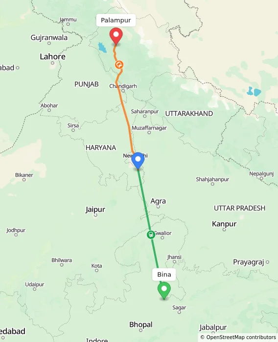 Route map showing distance and travel time from Bina, India to Palampur, India
