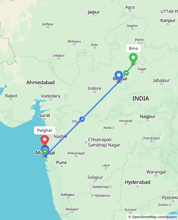 Route map showing distance and travel time from Bina, India to Palghar, India