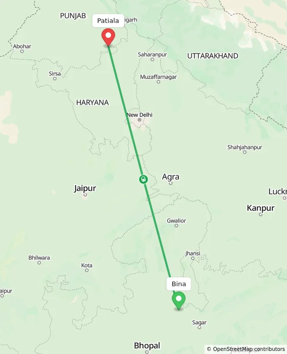 Route map showing distance and travel time from Bina, India to Patiala, India