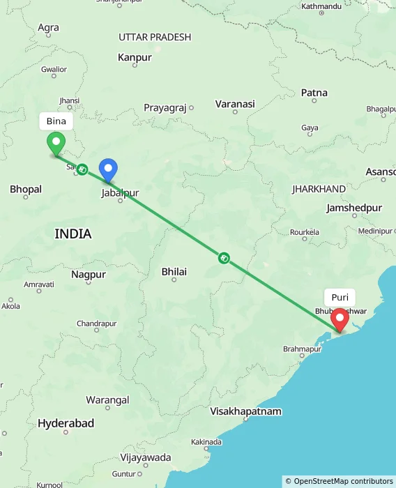 Route map showing distance and travel time from Bina, India to Puri, India