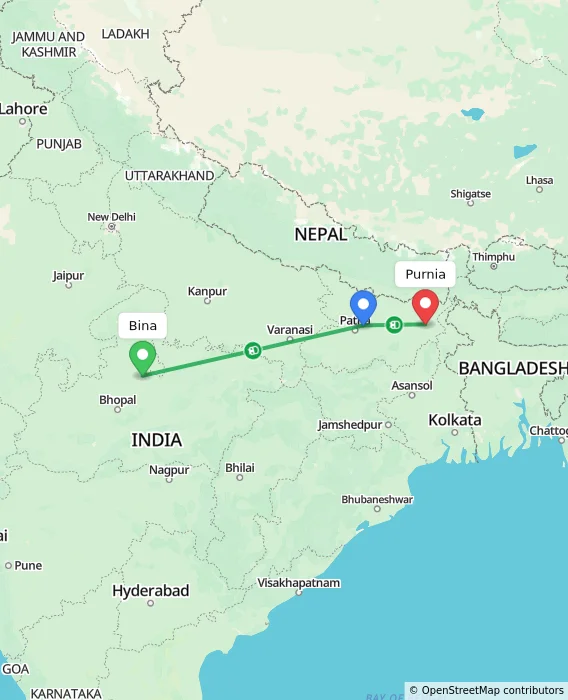 Route map showing distance and travel time from Bina, India to Purnia, India