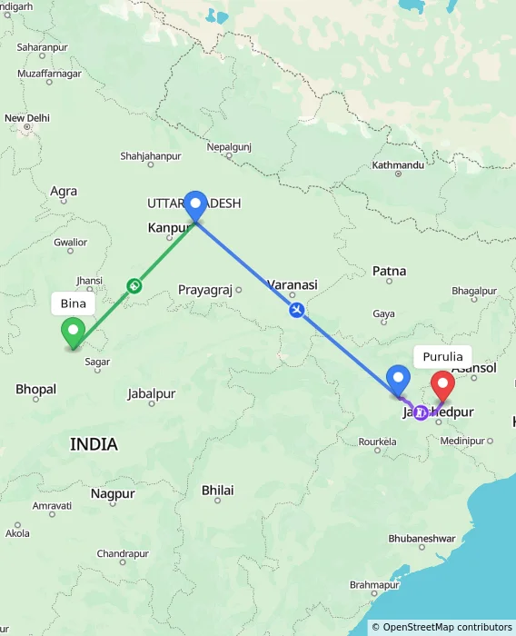 Route map showing distance and travel time from Bina, India to Purulia, India