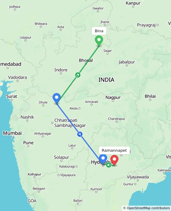 Route map showing distance and travel time from Bina, India to Ramannapet, India