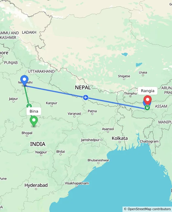 Route map showing distance and travel time from Bina, India to Rangia, India