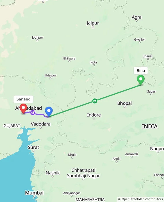 Route map showing distance and travel time from Bina, India to Sanand, India