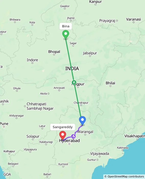 Route map showing distance and travel time from Bina, India to Sangareddy, India