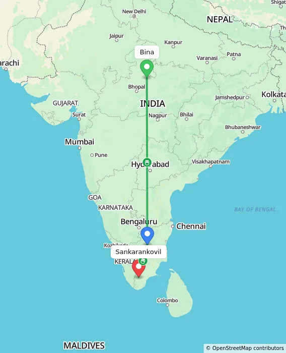 Route map showing distance and travel time from Bina, India to Sankarankovil, India