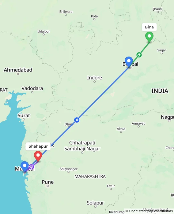 Route map showing distance and travel time from Bina, India to Shahapur, India