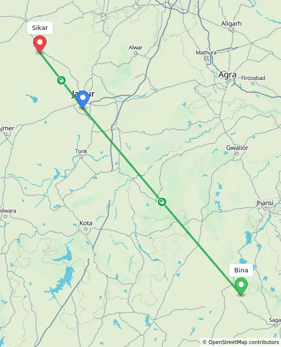 Route map showing distance and travel time from Bina, India to Sikar, India