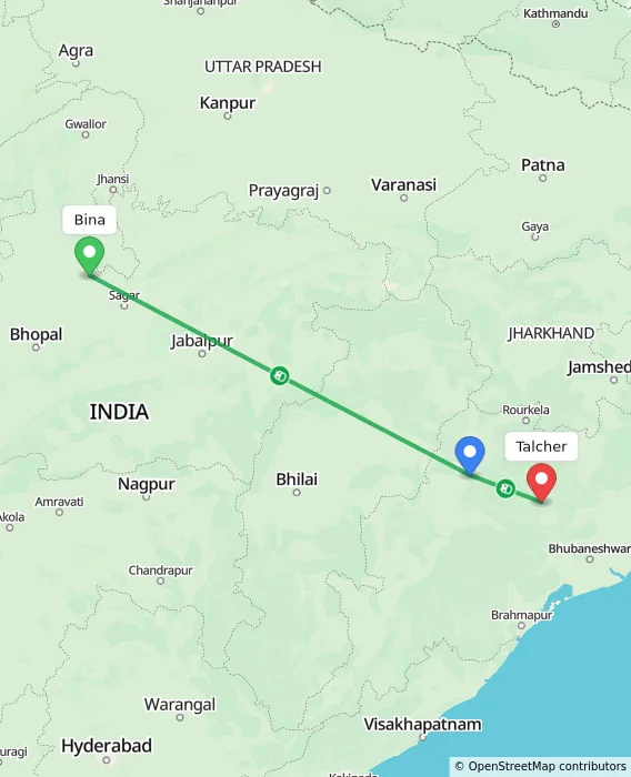Route map showing distance and travel time from Bina, India to Talcher, India