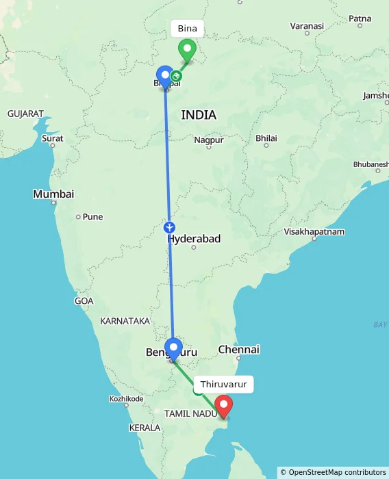 Route map showing distance and travel time from Bina, India to Thiruvarur, India