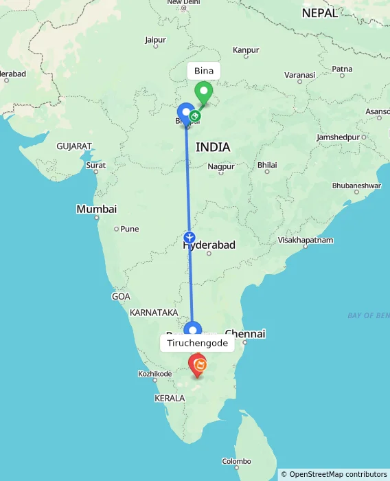 Route map showing distance and travel time from Bina, India to Tiruchengode, India