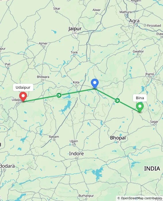 Route map showing distance and travel time from Bina, India to Udaipur, India