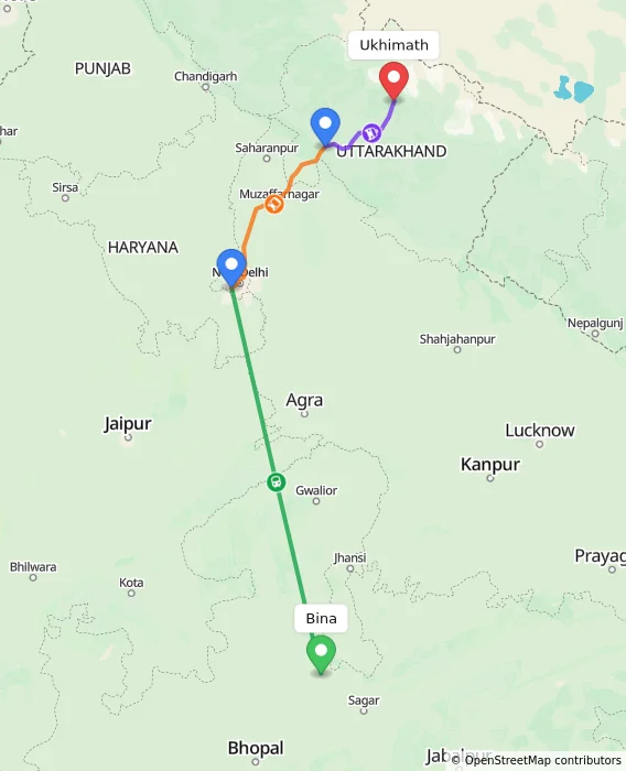 Route map showing distance and travel time from Bina, India to Ukhimath, India