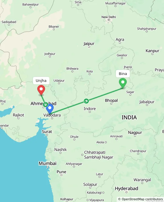Route map showing distance and travel time from Bina, India to Unjha, India