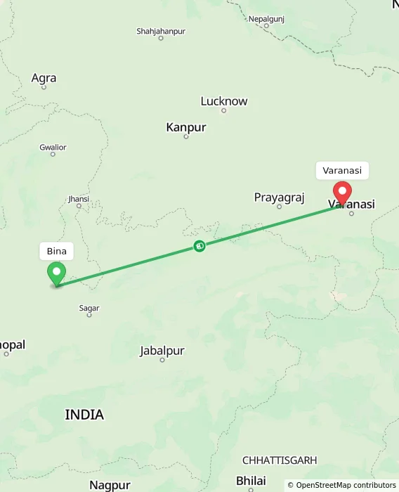 Route map showing distance and travel time from Bina, India to Varanasi, India
