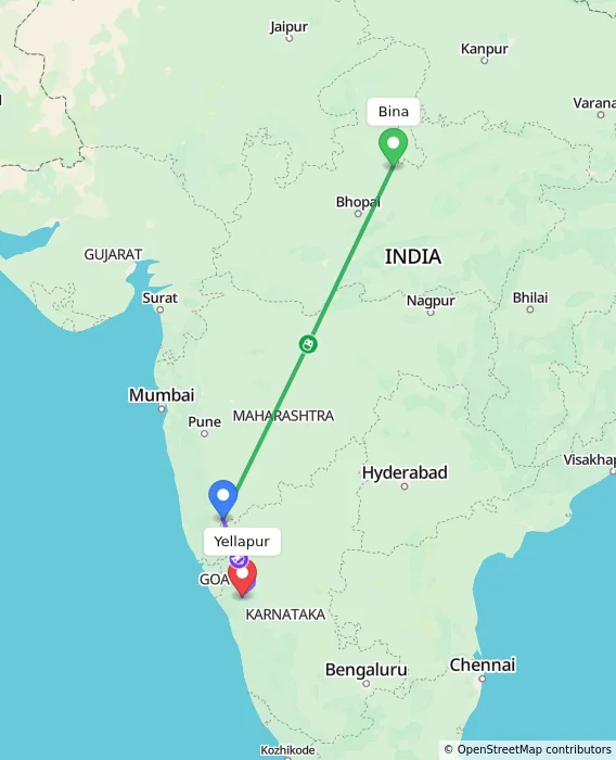 Route map showing distance and travel time from Bina, India to Yellapur, India