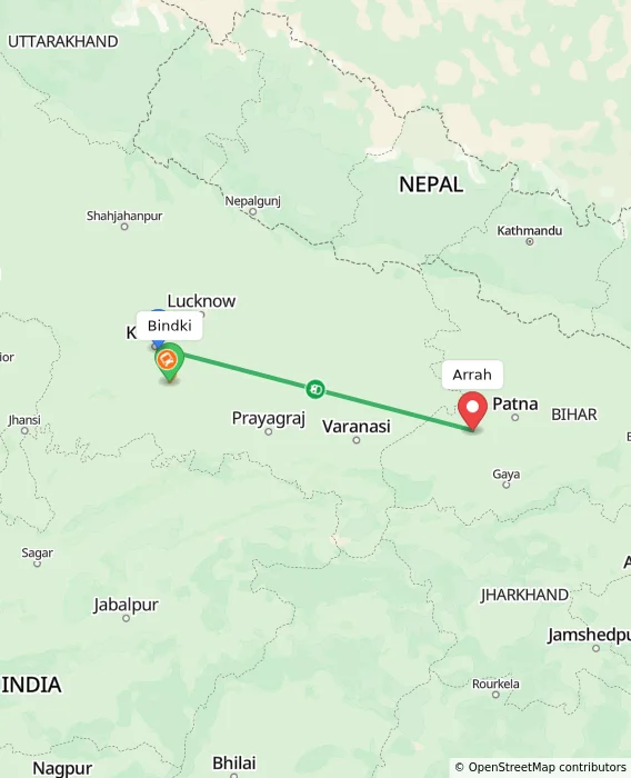 Route map showing distance and travel time from Bindki, India to Arrah, India