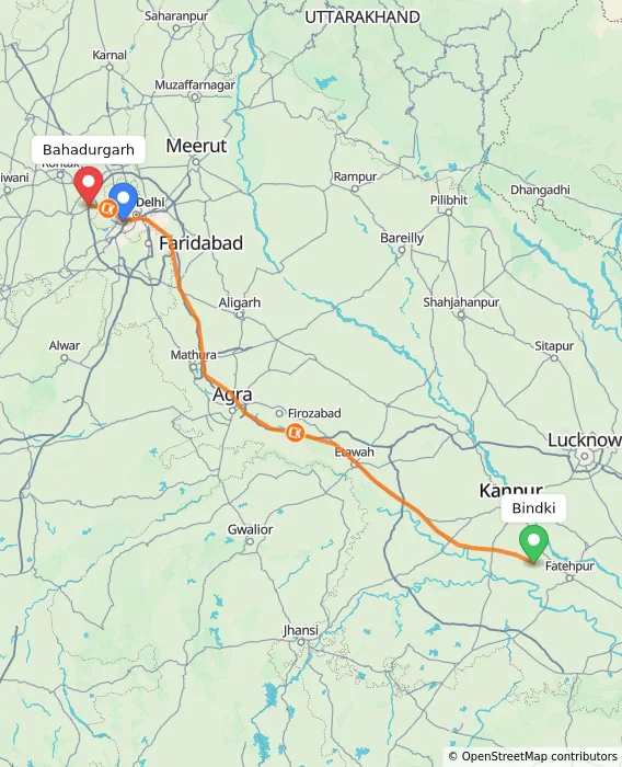 Route map showing distance and travel time from Bindki, India to Bahadurgarh, India