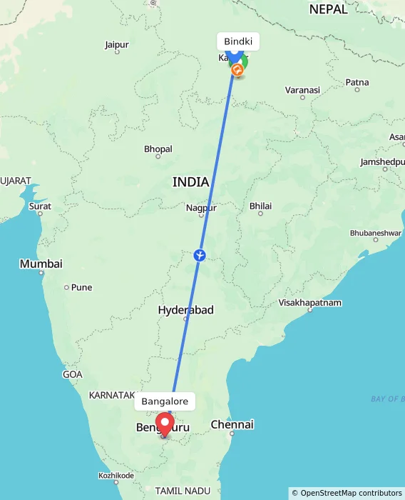 Route map showing distance and travel time from Bindki, India to Bangalore, India