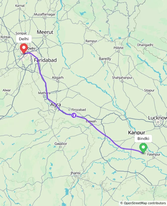 Route map showing distance and travel time from Bindki, India to Delhi, India