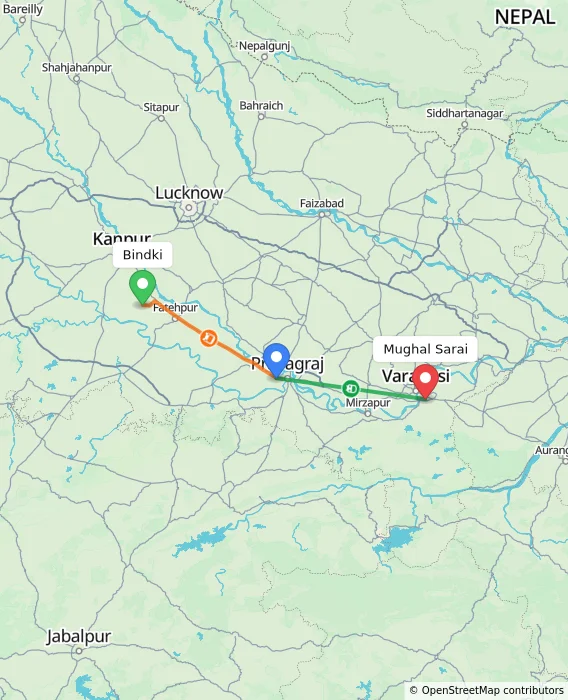 Route map showing distance and travel time from Bindki, India to Mughal Sarai, India