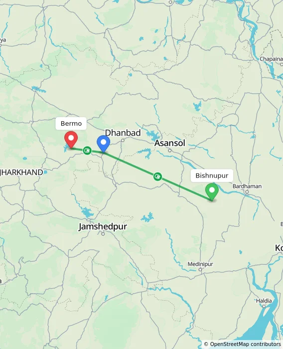 Route map showing distance and travel time from Bishnupur, India to Bermo, India