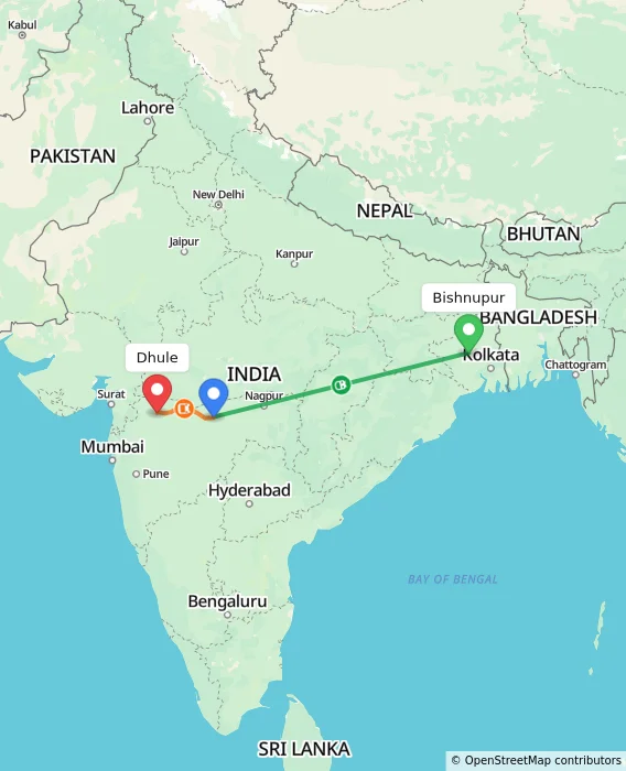 Route map showing distance and travel time from Bishnupur, India to Dhule, India