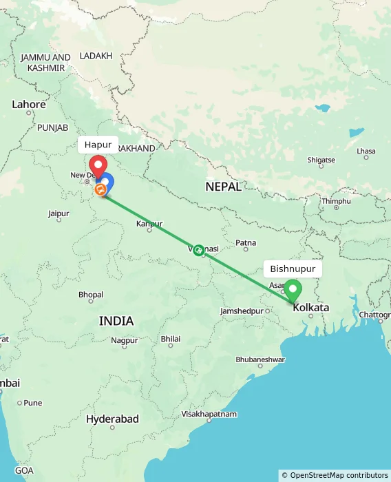 Route map showing distance and travel time from Bishnupur, India to Hapur, India