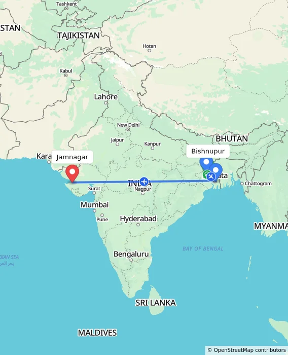 Route map showing distance and travel time from Bishnupur, India to Jamnagar, India