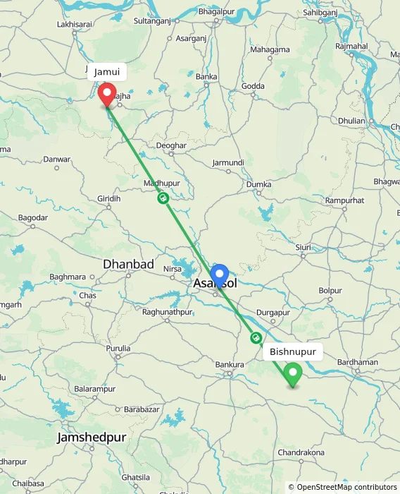 Route map showing distance and travel time from Bishnupur, India to Jamui, India