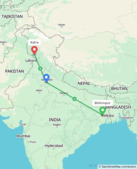 Route map showing distance and travel time from Bishnupur, India to Katra, India