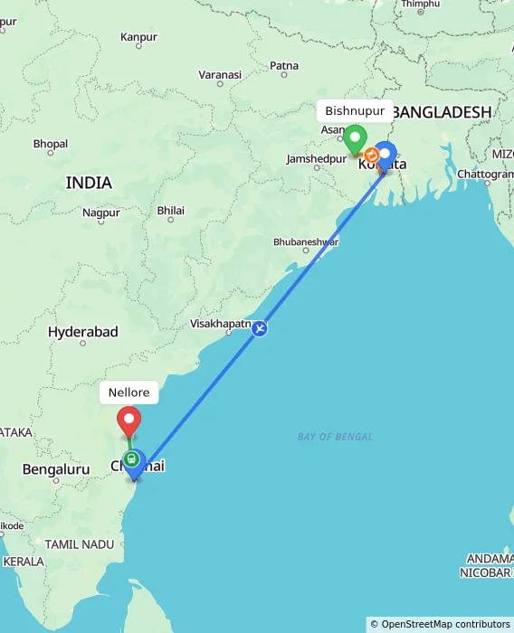 Route map showing distance and travel time from Bishnupur, India to Nellore, India