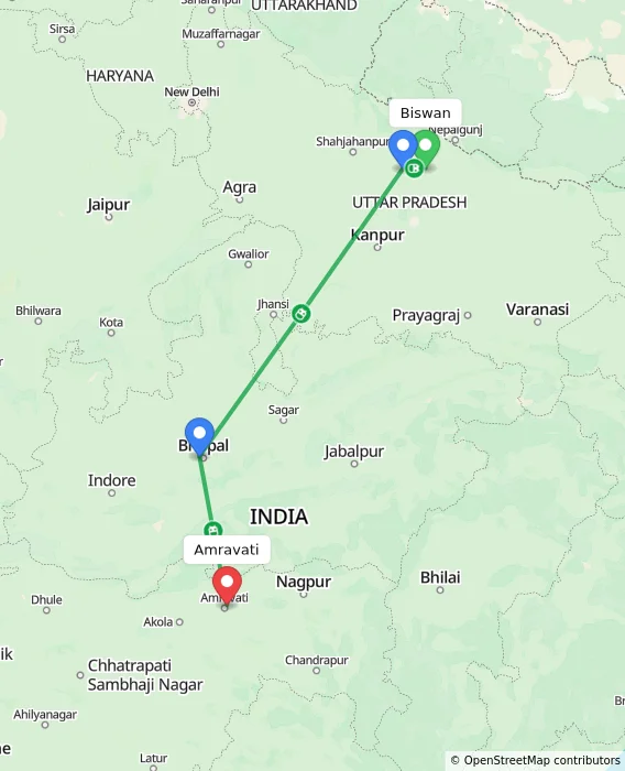 Route map showing distance and travel time from Biswan, India to Amravati, India